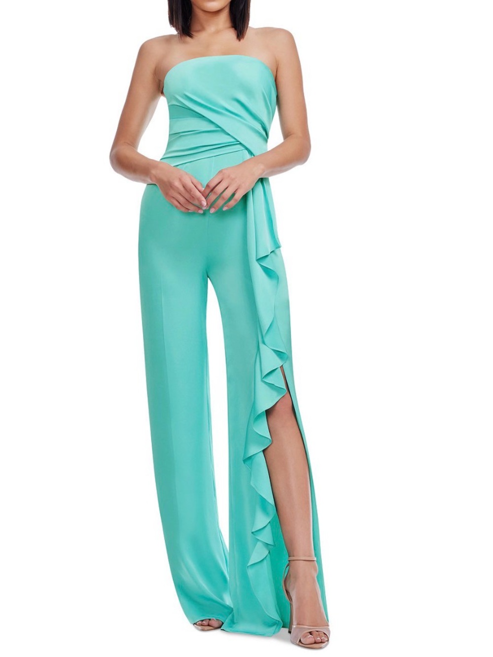 Dress the Population Strapless Ruffle Side-Slit Jumpsuit - Aqua